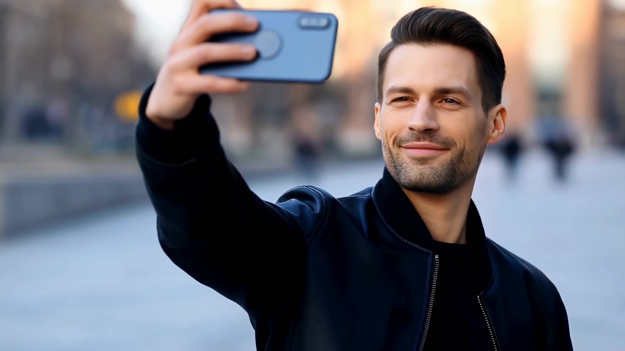 Homem Tirando Selfie na Rua da Cidade, Jaqueta Casual, Leve Sorriso, Segurando Telefone com Capa Azul, Bokeh Suave