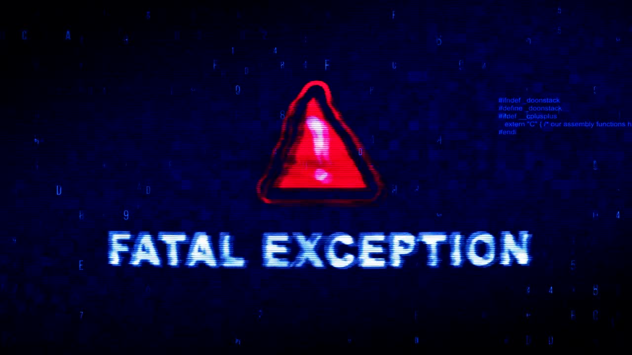 excepción fatal texto ruido digital sacudida glitch distorsión efecto error animación de bucle.