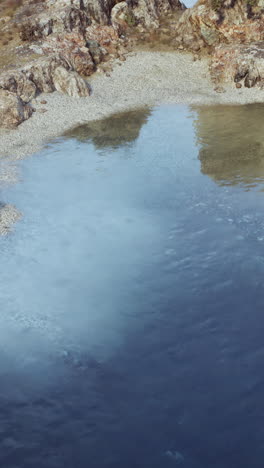 a clear blue body of water sits on a rocky, pebbled beach.