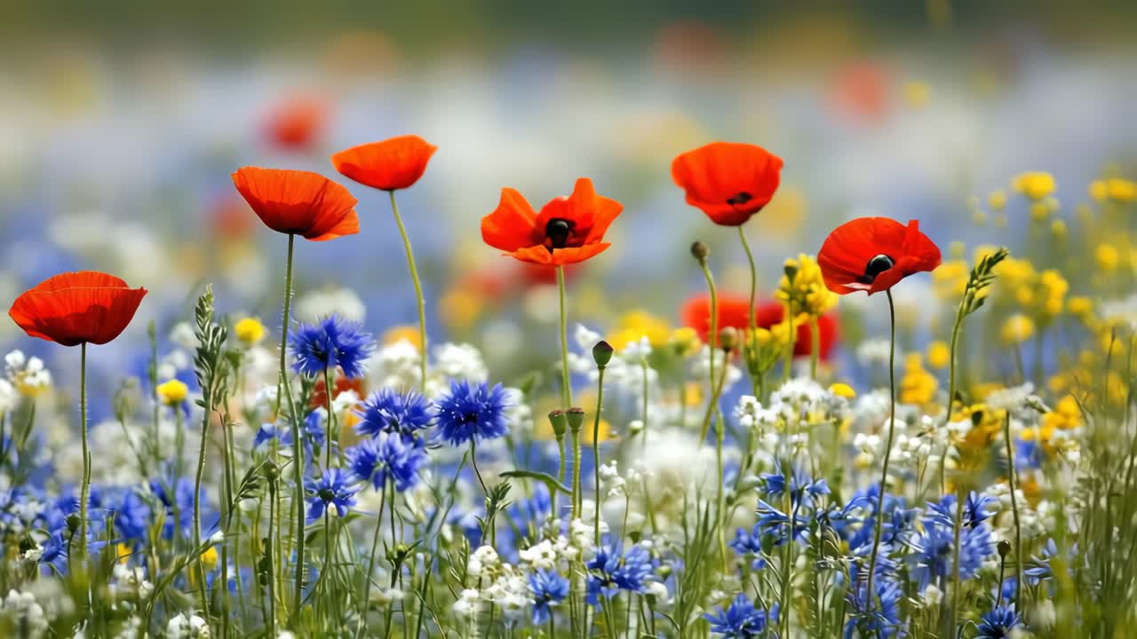 Fiori di campo vivaci in un prato, catturati ad altezza occhi. I colori rosso acceso e blu creano un’atmosfera vivace