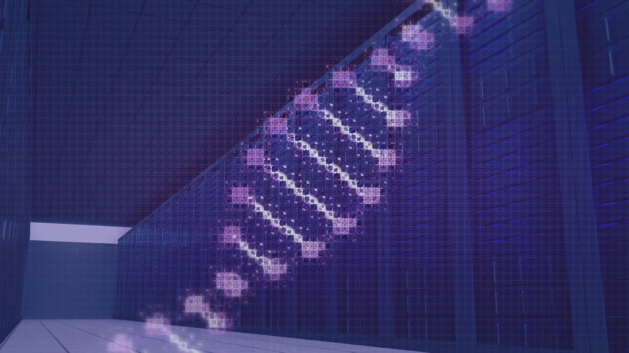 Animation of rotating dna helix over server room in background