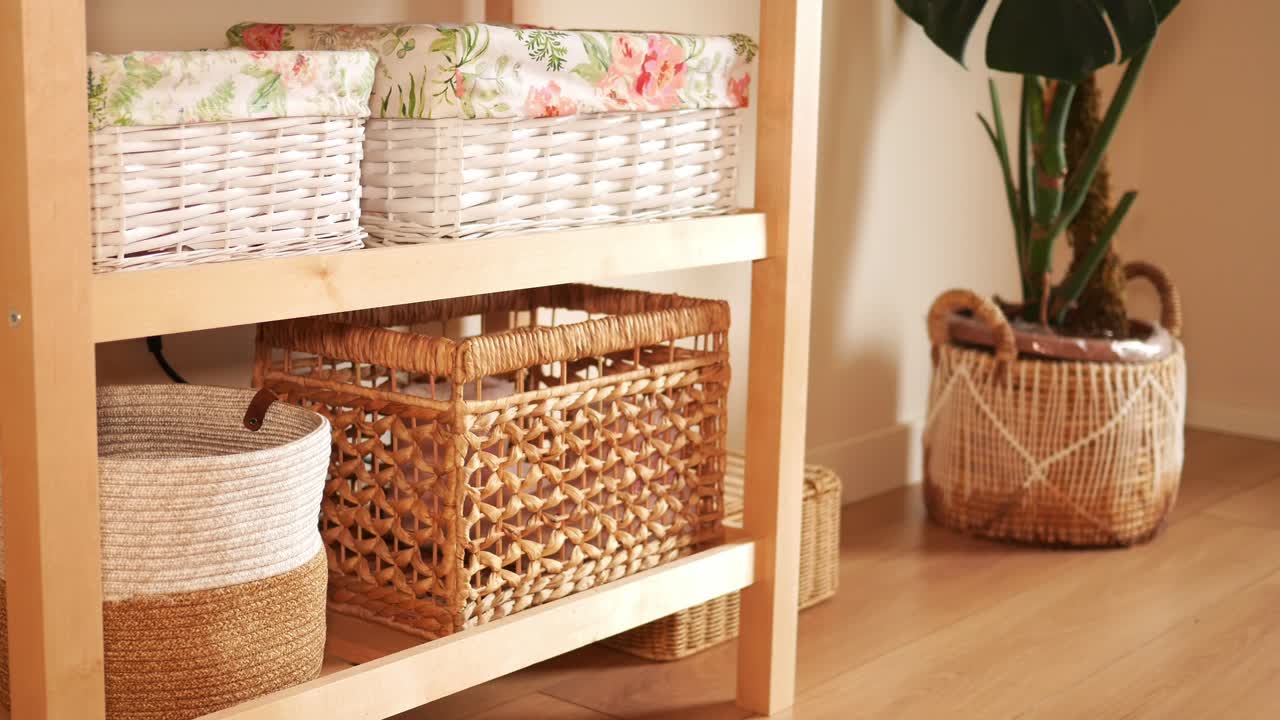 Organized Wooden Shelving with Wicker Baskets and Plants