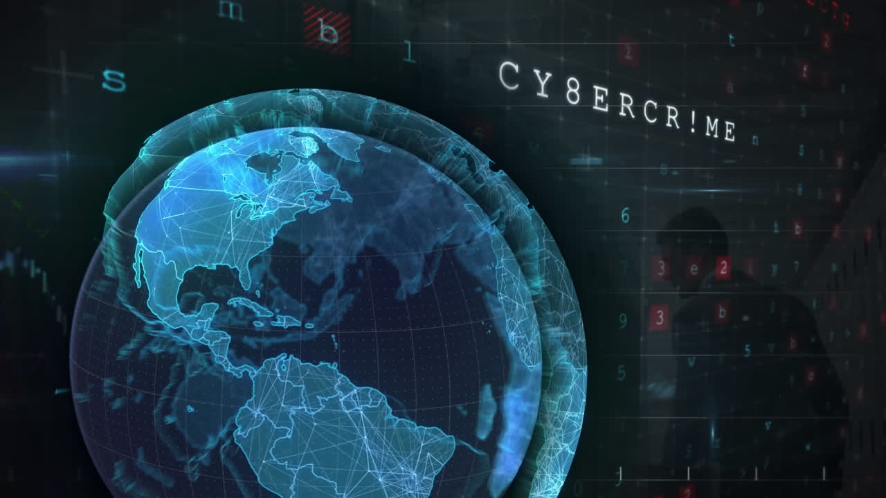 Animation of data processing and globe on black background