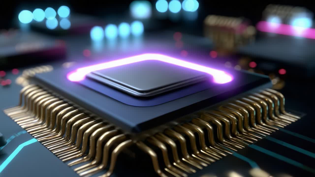 A close-up view of a high-tech microchip showcasing intricate gold circuitry and vibrant purple illumination, surrounded by a complex array of electronic components and luminous connections, emphasizing cutting-edge technology and innovation