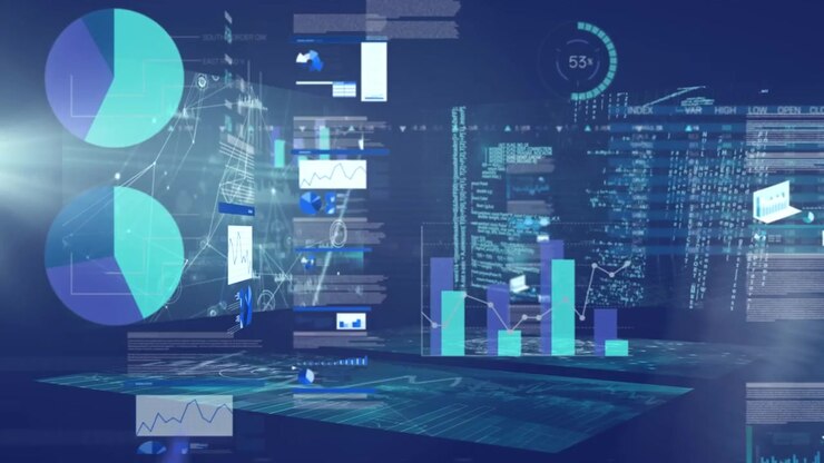 Animation of financial data processing over cityscape