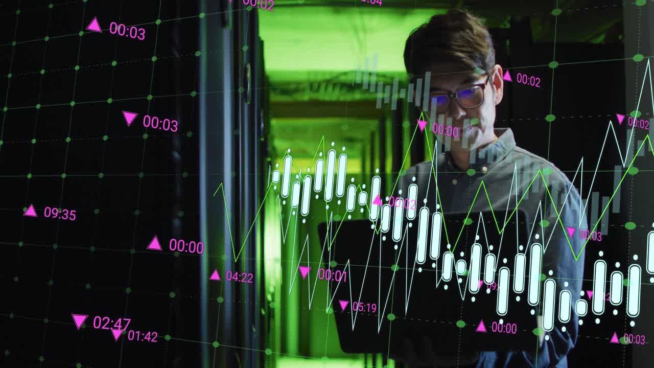 animación del procesamiento de datos sobre el ingeniero de ti asiático por servidores informáticos