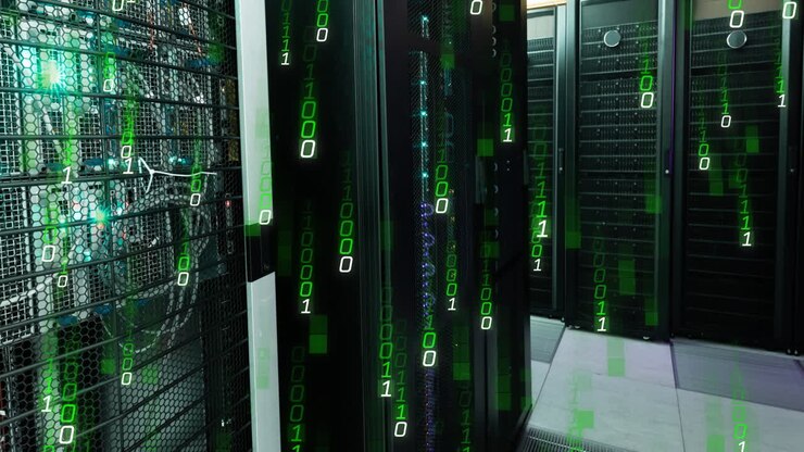 Animation of binary coding, data processing over computer servers