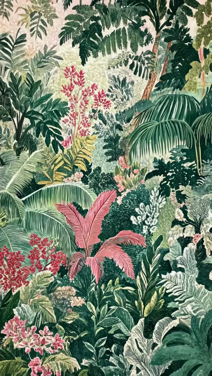 Lush jungle scene with vibrant foliage, captured from a low-angle, creating an immersive, tropical