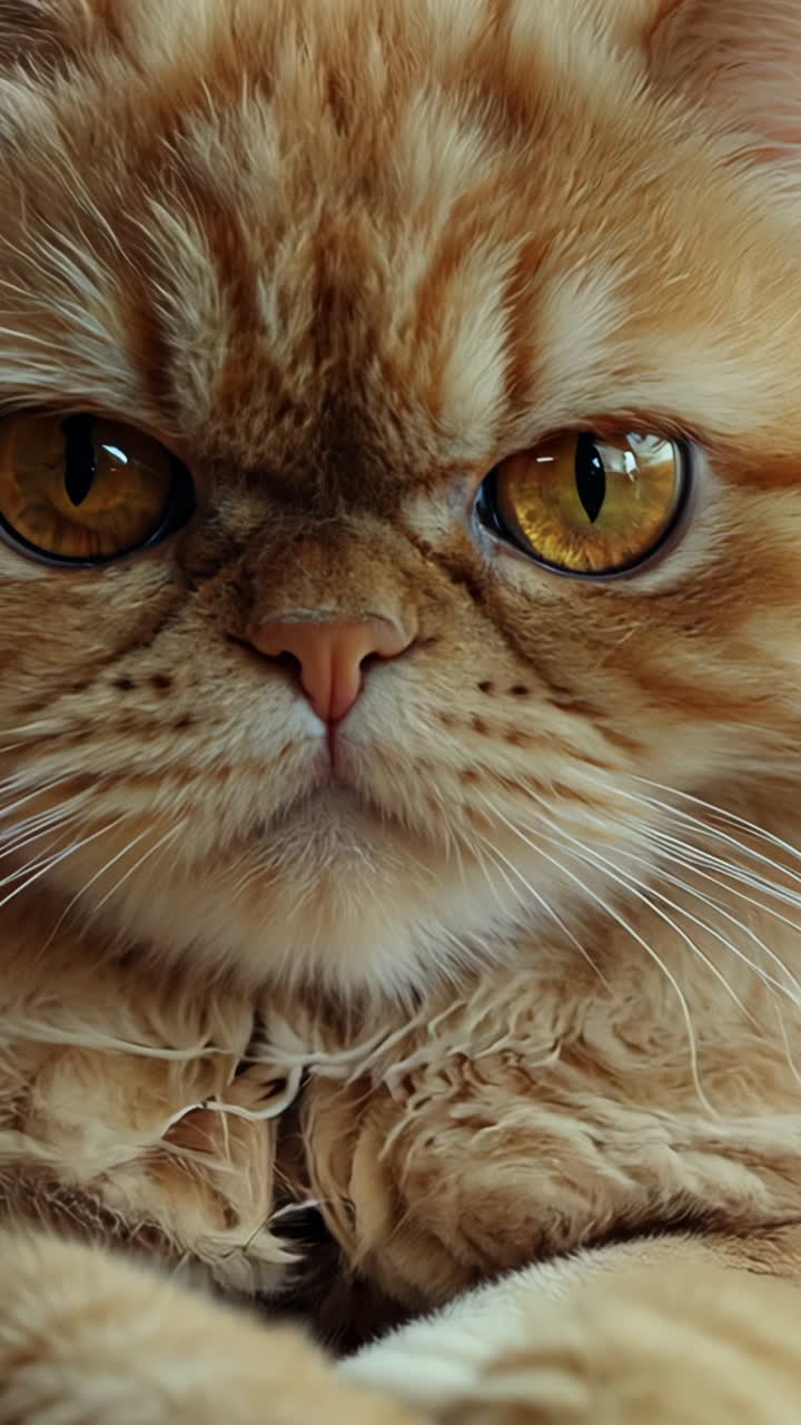 A cat is sitting on a table with a cup of coffee and a lemon. The cat appears to be angry and is staring at the camera
