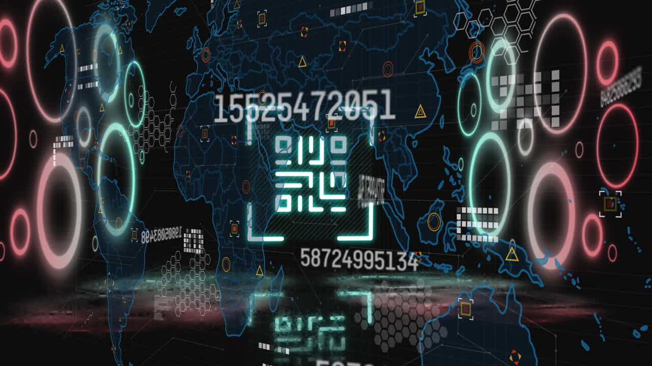 Animation of qr code and numbers processing over world map
