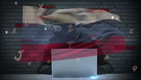 Animation-of-caucasian-male-hacker-over-data-processing-and-flag-of-russia