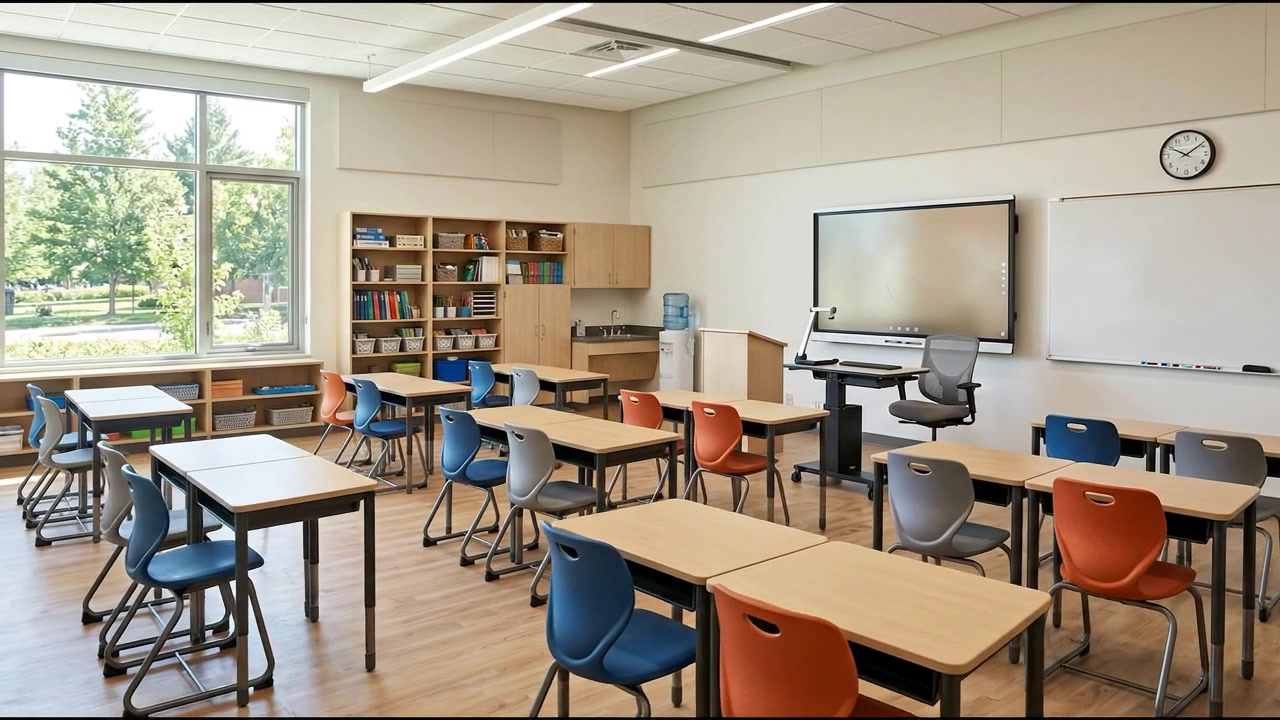 Modern educational classroom facility with empty desks and light
