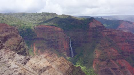 smooth 4k drone footage of waipoo waterfall in the background in the shade of a cloud overhead. in the foreground, dry, rocky peaks of the canyon wall in the bright sunshine