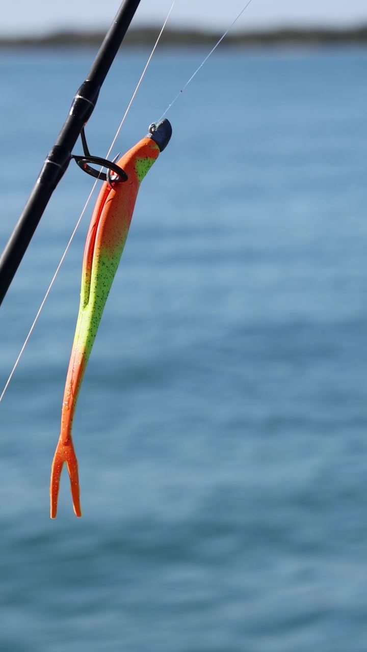 Canna da pesca con esca sopra acque calme dell'oceano
