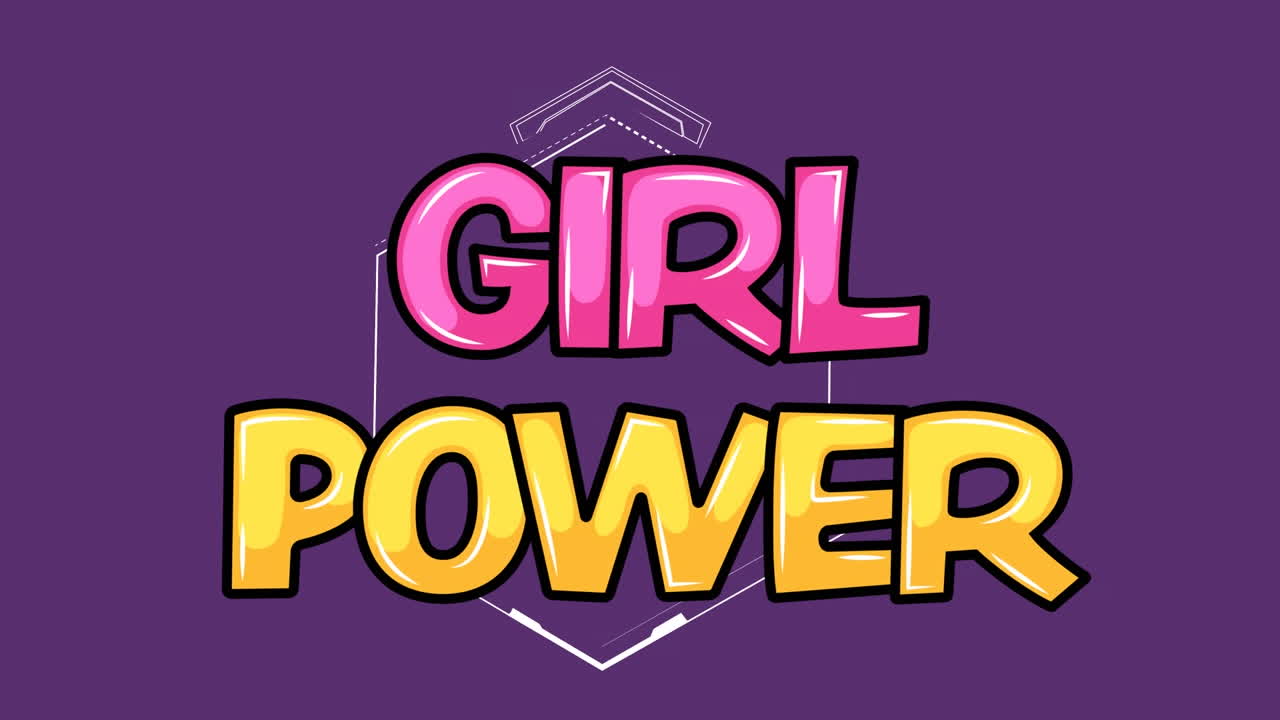 Animação digital de texto 'poder feminino' brilhante sobre forma hexagonal abstrata em fundo roxo.
