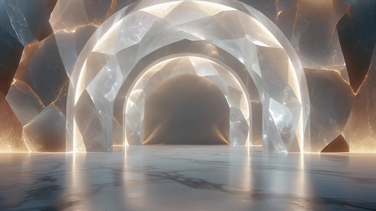 Arco di cristallo astratto con luce luminosa e pavimento in marmo.