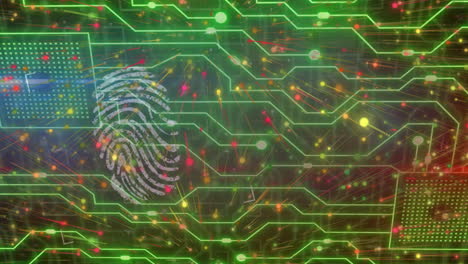 Animation-of-network-of-connections-over-fingerprint-and-computer-circuit-board-on-black-background