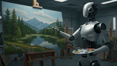 a robot artist capturing nature's beauty: a robotic painter creates a stunning landscape featuring mountains, forests, and a serene lake in a studio environment