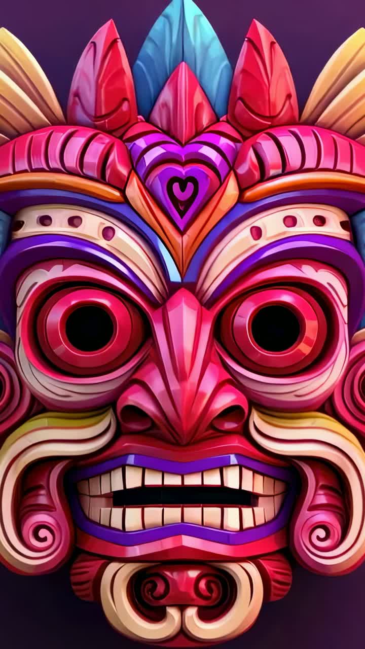 Vertical video: Showing colorful tribal mask staying still in purple studio, displaying patterns