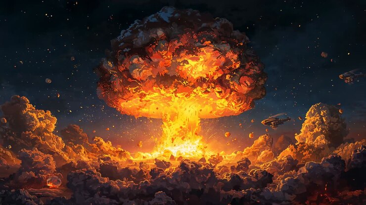 Sudden flash flaring fire pillar igniting mushroom cloud rising above clouds, showing drone profile