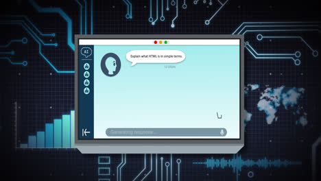 Animation-of-ai-text,-icons-and-data-processing-over-circuit-board