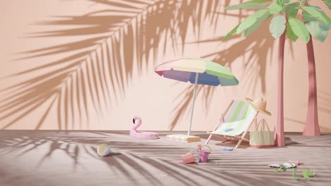 animación de renderización 3d de vacaciones en vacaciones en la playa soleada tropical con paraguas para tomar el sol