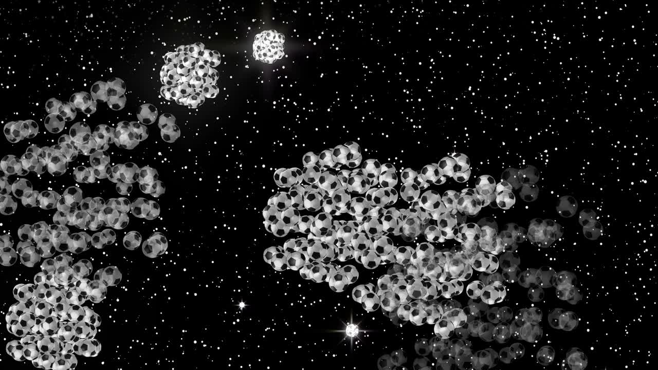 Fireworks from soccer balls. Realistic animation. Ironic fireworks with loop seamless. Playful 4K fireworks. Abstraction from balls of fireworks in the night sky.