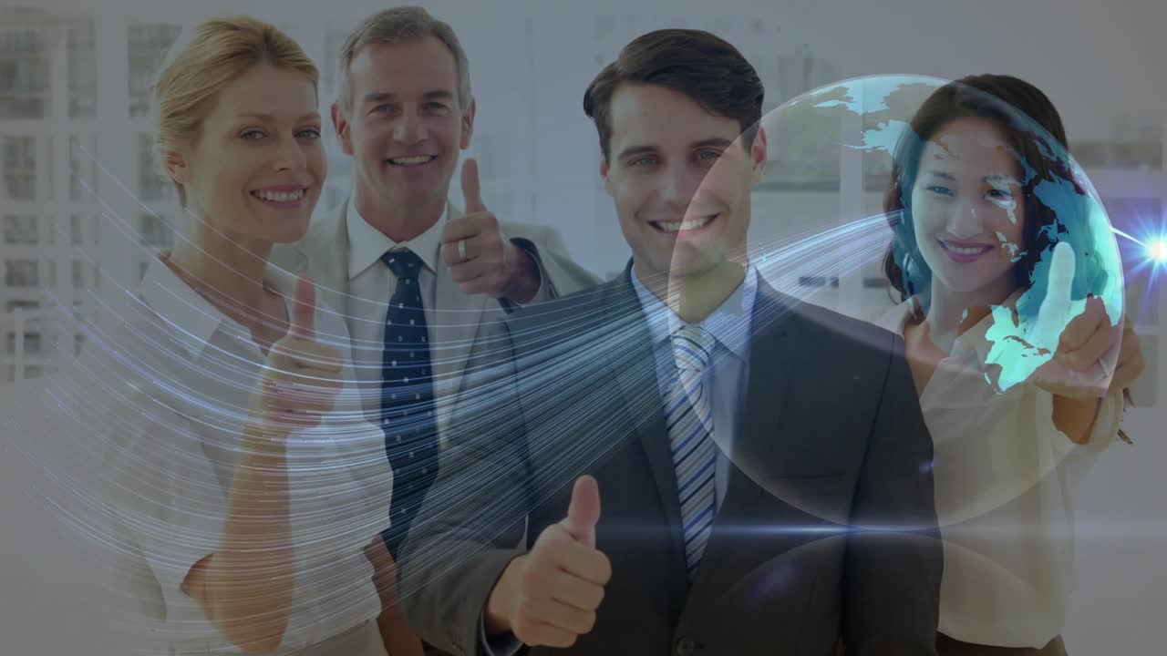 Left woman raising thumb activating globe sending light across business team showing collaboration