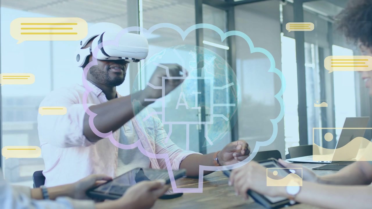 Man demoing VR headset gesturing and manipulating AI cloud, chat bubbles, thumbnails for tech demo