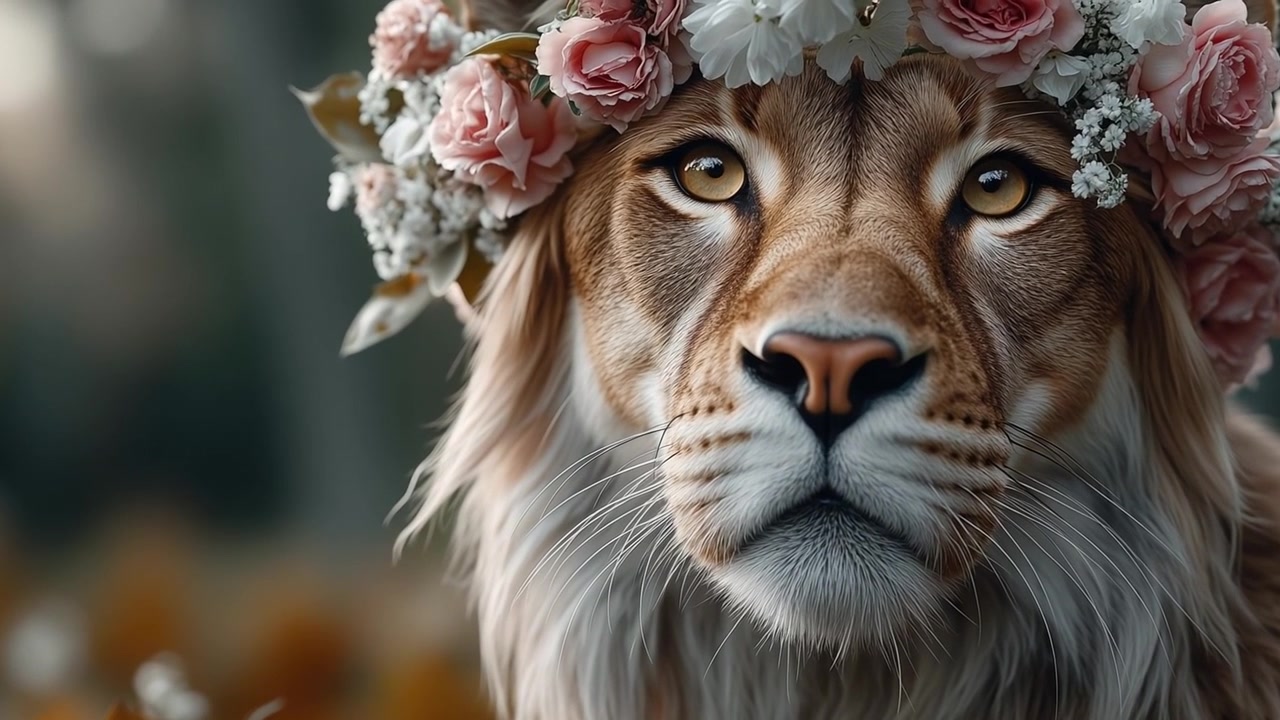 Frontalvisning af en majestætisk løve iført en farverig blomsterkrans lavet af lyserøde roser.