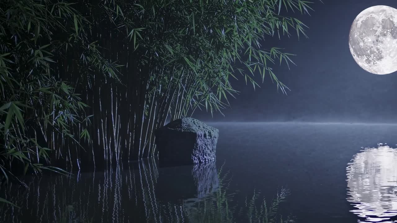 Moonlight softly illuminating serene lakeside landscape, featuring gentle bamboo silhouettes and smooth rocks against quiet nighttime water surface, creating meditative zen like atmosphere