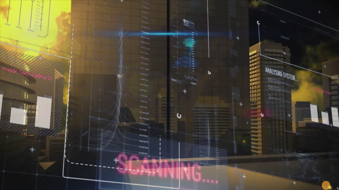 그래프, 텍스트 및 컴퓨터 언어의 애니메이션은 구름 하늘에 대한 현대적인 건물 위에 있습니다.