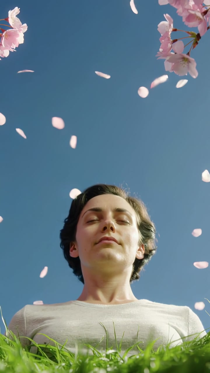 Vertical video: Lying woman in light tee on grass under blossom tree, breeze shedding pink petals