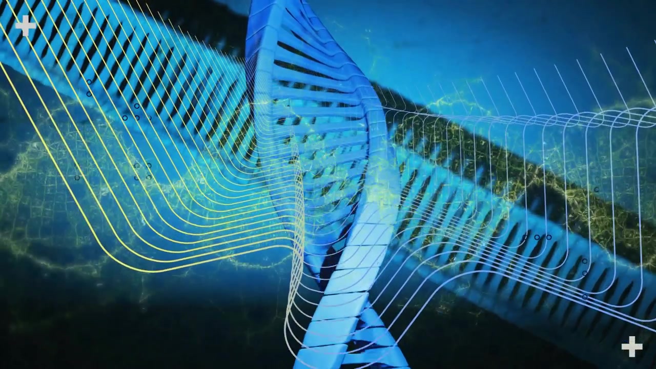 Thin yellow curve sweeping, blue helix rotating and centering, waves emerging, visualizing data