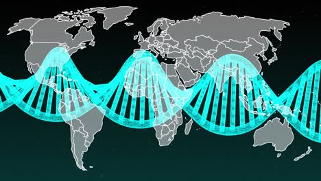 Animación-De-Una-Cadena-De-ADN-Girando-Sobre-El-Mapa-Mundial.