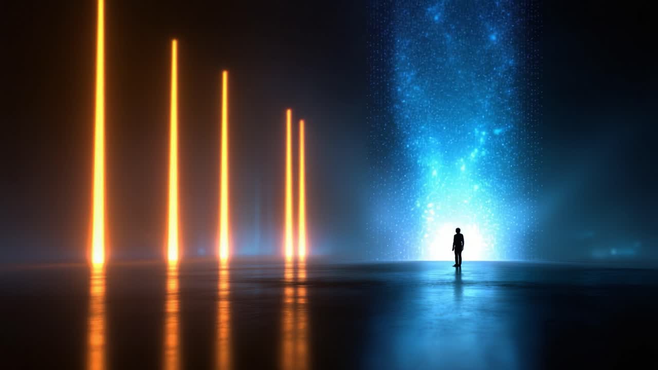 Una figura solitaria resta ammirata di fronte a un'affascinante rappresentazione di luce blu vibrante in un paesaggio etereo e ultraterreno, pieno di particelle scintillanti