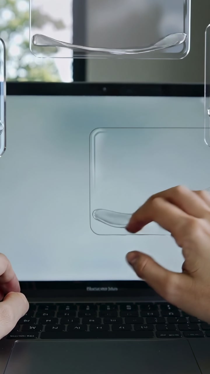 Vertical video: Lifting right hand, adult hands pinching, dragging spoon into marked slot on laptop