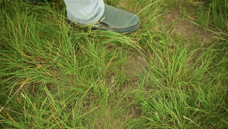 a close-up shot of a wooden tripod being set up in a grassy field, with a human leg partially visible, highlighting the simplicity and practicality of outdoor activities