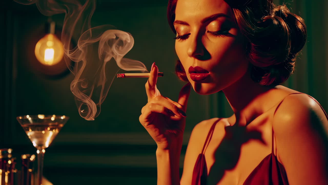 Vintage Woman Smoking a Cigarette in a Dark Bar