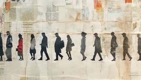silhouettes of people walking in a row on a textured, vintage newspaper background