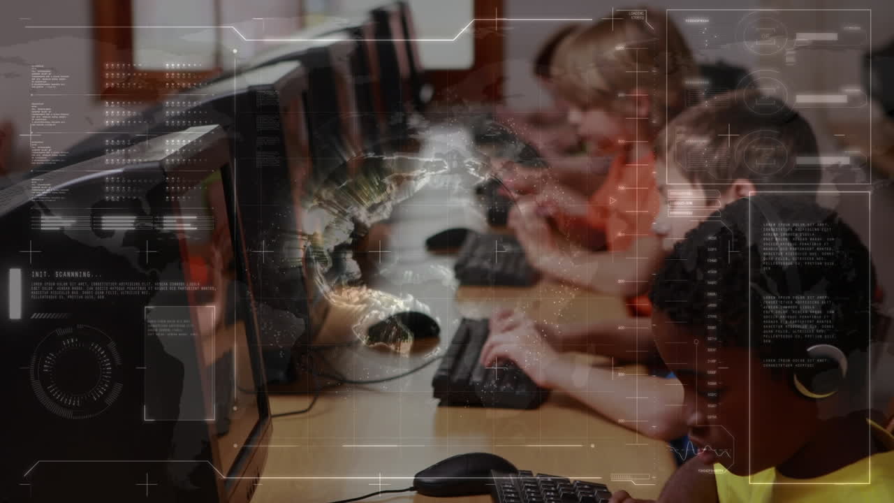 animación del procesamiento de datos y el mundo sobre los escolares que usan computadoras en clase