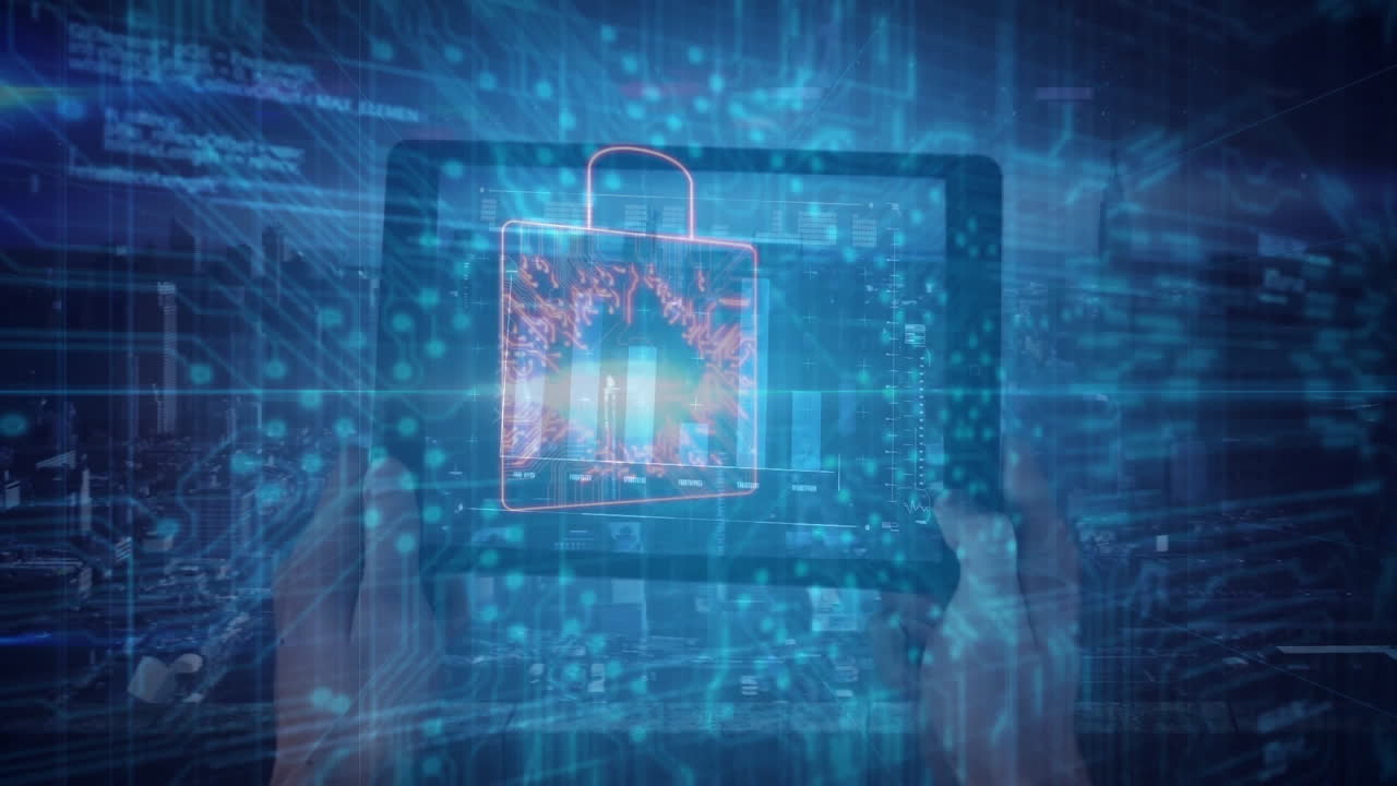 Hands holding tablet with digital lock animation over futuristic blue background