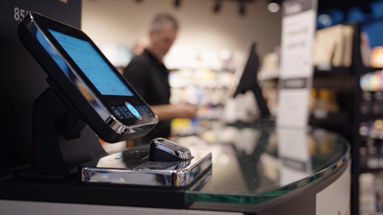 Design moderno di cassa al dettaglio con un terminale di pagamento digitale e un registratore di cassa in un ambiente di shopping alla moda, con un focus sull'interazione con il cliente.