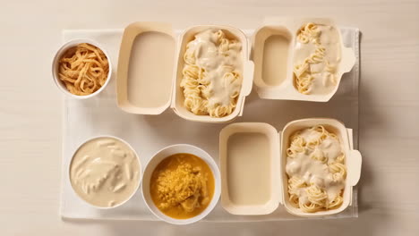 overhead view of various meal prep containers with pasta, sauces, and other dishes