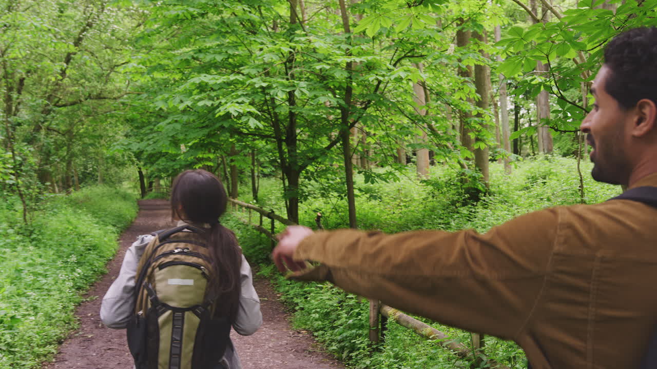 시골 에 있는 나무 들 을 가로질러 길 을 따라 산책 하는 젊은 부부 의 어깨 에 있는 풍경 - 느린 움직임 으로 촬영