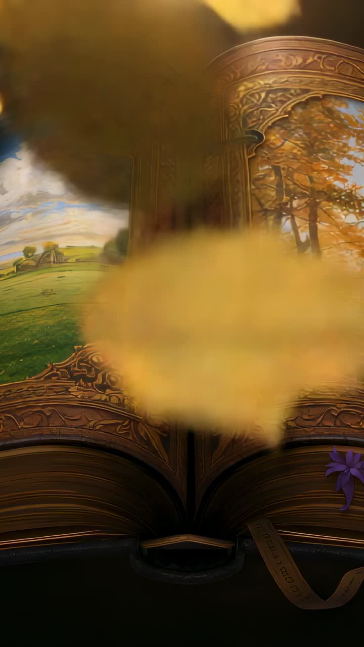 Vertical video: Single drifting leaf starting cascade across carved book in dim room seasonal shift
