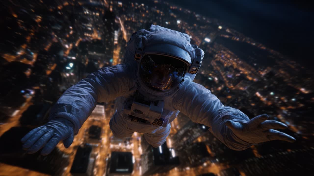 An astronaut floats in a surreal nighttime urban landscape, surrounded by the glowing lights of the city below, representing a unique fusion of space and Earth