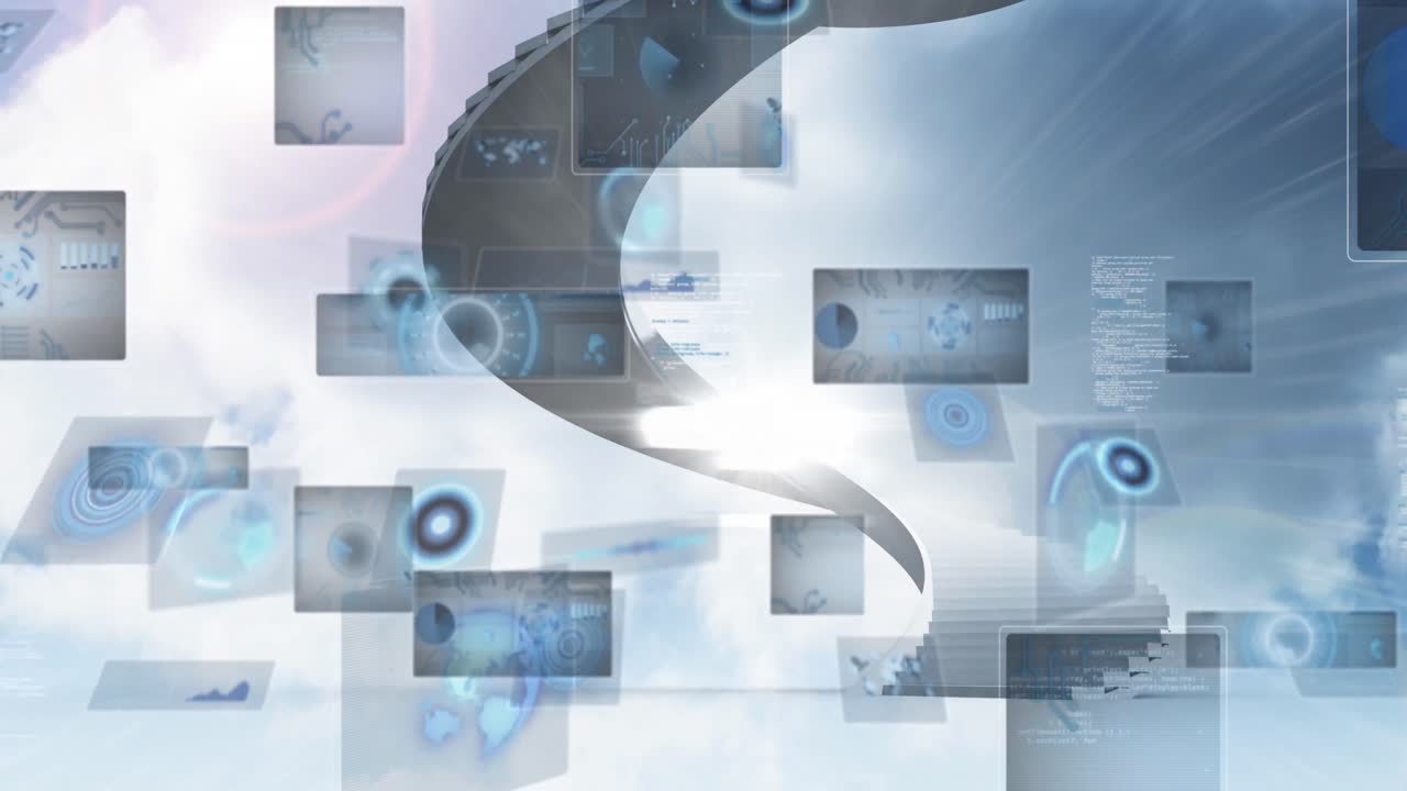 계단과 구름으로 하늘을 스캔하는 범위와 함께 데이터 처리의 애니메이션