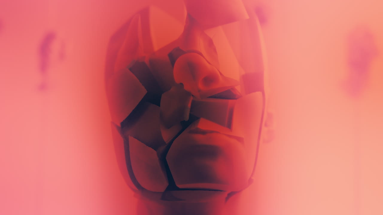 Destroyed android heads on spikes on the neon pink background