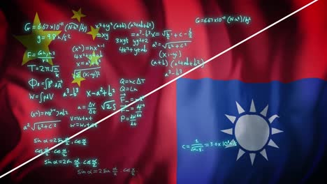 animation of mathematical data processing over flag of taiwan and china